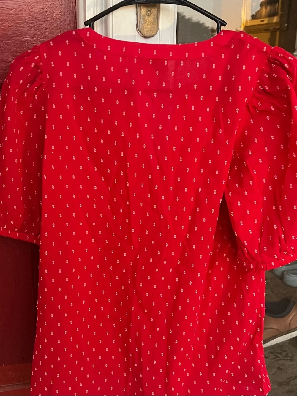 LOFT Outlet Polka Dot Red V-Neck Puff Sleeve Blouse